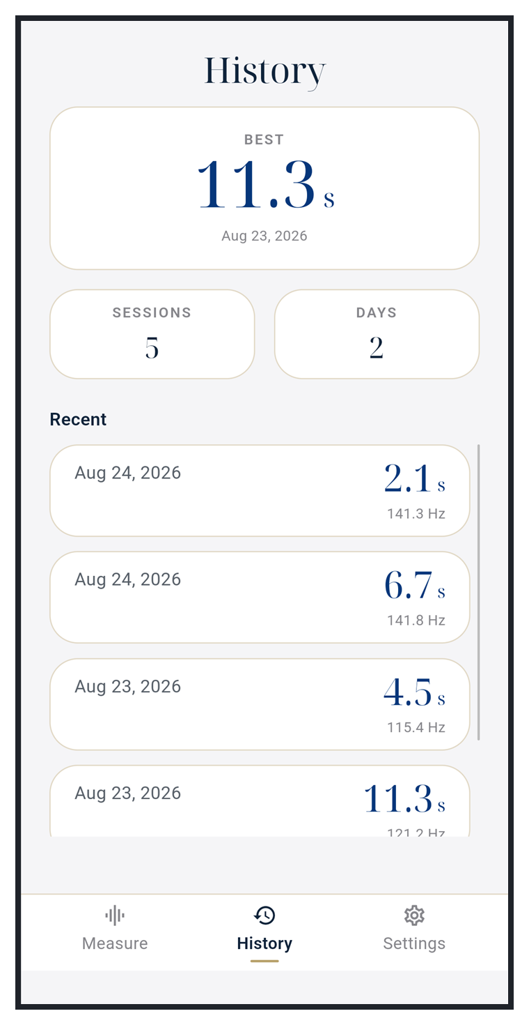 SingLift Sustain History screen showing personal best and recent measurements.